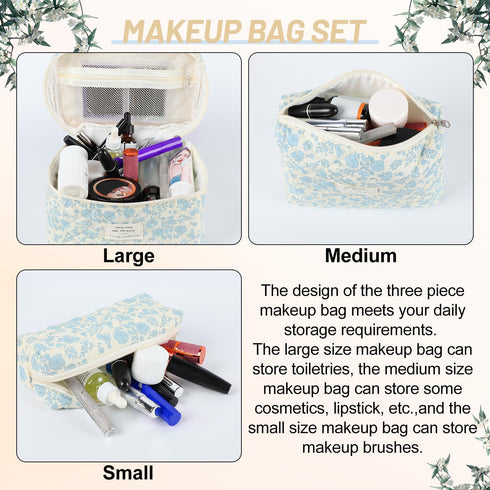 3Pcs Cotton Quilted Makeup Bag Large Travel Cosmetic Bag,Big Coquette Makeup Bag,Floral Aesthetic Toiletry Organizer Bag Zipper Pouch for Women Gi...