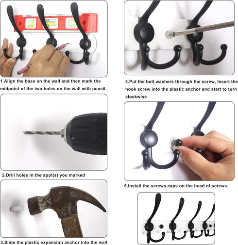 WEBI Coat Rack Wall Mounted,5 Coat Hooks for Hanging Coats,Heavy Duty Metal Double Hook Rack Hook Rail Coat Hanger Wall Mount for Clothes Entryway...