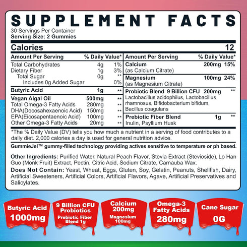 Butyrate Gummies with Probiotic + Prebiotic + Postbiotic - 9 Billion CFU Probiotics with Fiber, Calcium & Magnesium, Omega-3, Inulin, Psyllium Hus...