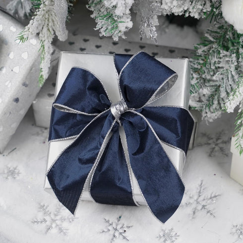 AIMUDI Navy Christmas Velvet Ribbon Wired 2.5 Inch Navy Blue Wired Ribbon for Wreaths Blue and Silver Ribbon for Christmas Tree, Gift Wrapping, Ga...