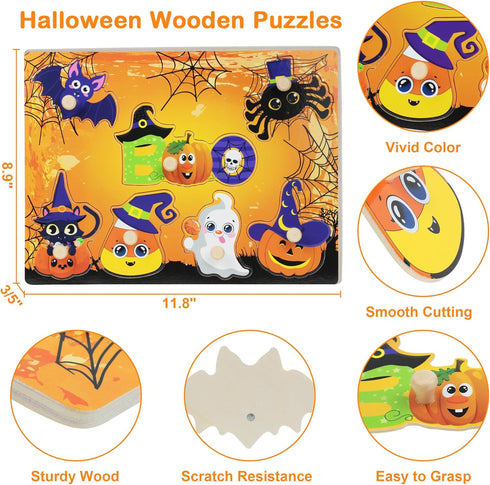 2Pcs Halloween Wooden Peg Puzzles, Halloween Toys for Toddlers Educational Puzzle Kids Halloween Party Favors Halloween Basket Stuffers Fillers Fa...