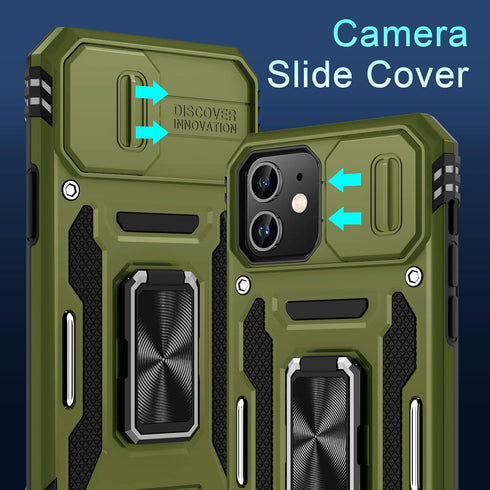 DEERLAMN for iPhone 11 Case with Slide Camera Cover+Screen Protector(2 Packs),Rotated Ring Kickstand Military Grade Shockproof Protective Cover-Ol...