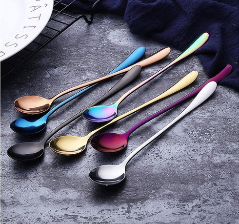Long-handled ice tea spoon, cocktail stir spoons, stainless steel coffee spoons, ice cream scoop Set of 8 (Silver, Round)...