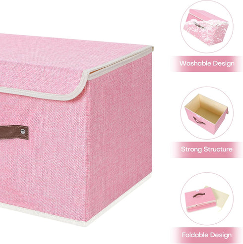 ANMINY Storage Bin with Lid Storage Boxes with PU Leather Handles PP Plastic Board Decorative Foldable Lidded Cotton Linen Fabric Home Cubes Baske...