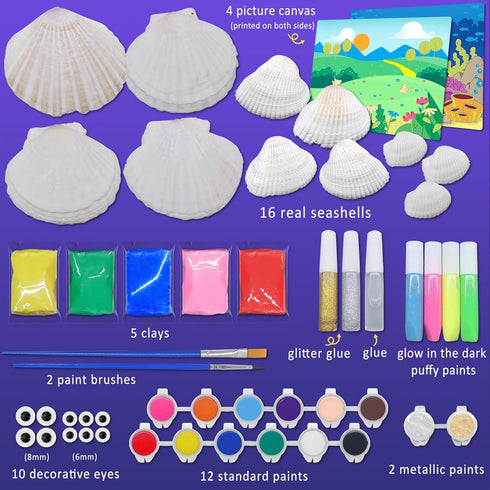 58 PCS Kids Arts & Crafts Painting Gifts for Boys Girls - Sea Shell Glow in the Dark Painting Kit 16 Real Shell Creative Activity DIY Craft Kits T...
