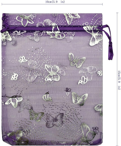 Ankirol 100pcs Sheer Organza Favor Bags Purple Butterfly Print For Wedding Gift Bags Samples Display Drawstring Pouches (4x6)...