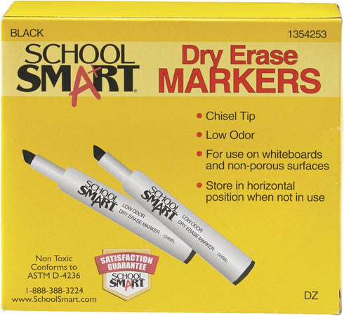 School Smart Dry Erase Marker, Low Odor, Chisel Tip, Black, 40 lb - 24 Inches x 1000 Feet, Pack of 12, White...