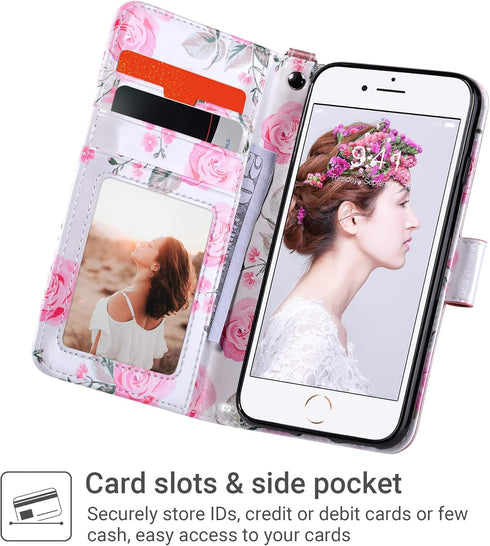 ULAK for iPhone SE 3(2022)/SE(2020)/8/7 Wallet Case with Card Holder, Premium Floral PU Leather Flip Case with Kickstand Card Slots,Wrist Strap, D...