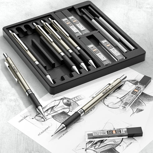 Nicpro 0.9 mm Art Mechanical Pencils Set in Gift Case, 6 PCS Metal Drafting Pencil 0.9mm with 6 Tube HB Lead Refills & 18 PCS Eraser Refills for A...