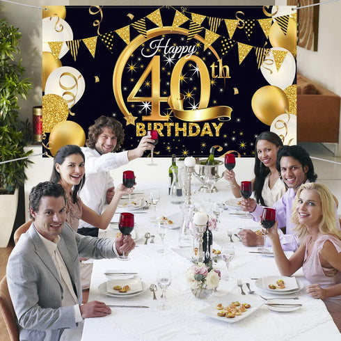 Blulu 40th Birthday Party Decoration, Extra Large Fabric Black Gold Sign Poster for 40th Anniversary Photo Booth Backdrop Background Banner, Birth...