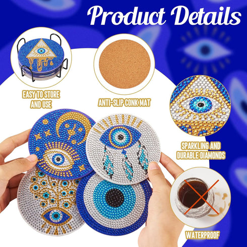 8Pcs Evil Eye Diamond Painting Coaster 5D Diamond Cup Mat with Holder Cork Pad Rhinestone Non Slip Drink Table Coaster for Beginners Adults DIY Pa...