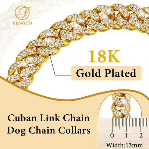 Gold Dog Chain Collar Diamond Cuban Link Dog Collar 13mm Wide Dog Necklace Metal Cat Chain Pet Crystal Collar Jewelry Accessories for Small Medium...