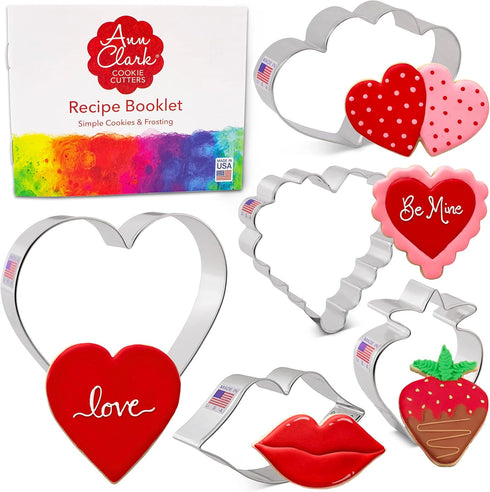 Valentines Day Cookie Cutters 5-Pc. Set Made in USA by Ann Clark, Heart, Strawberry, Scalloped Heart, Lips, Double Heart...