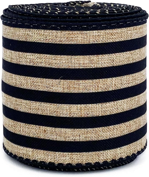 Burlap Ribbon Wired,2 1/2”x10 Yard,Black Stripe Rustic Ribbon for Easter, Christmas, Wreath, Spring, Summer, Wedding, Baby Shower, Birthday...