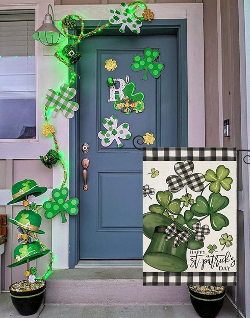 Happy St Patricks Day Garden Flags for Outside Decoration, Buffalo Plaid with lucky Shamrock Hat Small Yard Flag, Seasonal Irish Celebration Farmh...