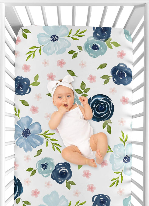Sweet Jojo Designs Navy Blue and Pink Watercolor Floral Girl Fitted Crib Sheet Baby or Toddler Bed Nursery - Blush, Green and White Shabby Chic Ro...