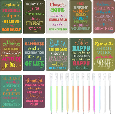 12 Pcs Mini Inspirational Notebooks Bulk with 12 Pcs Colorful Pens, Small Pocket Journal Notepads Set, Motivational Bulk Gifts for Women Men Teach...