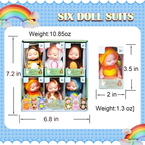4 Inch Mini Baby Dolls Toys 6 Pcs Gift Set, Cute Baby Dolls Toys with Interchangeable Animal Clothes, Mini Reborn Baby Dolls Gifts for Boys and Gi...