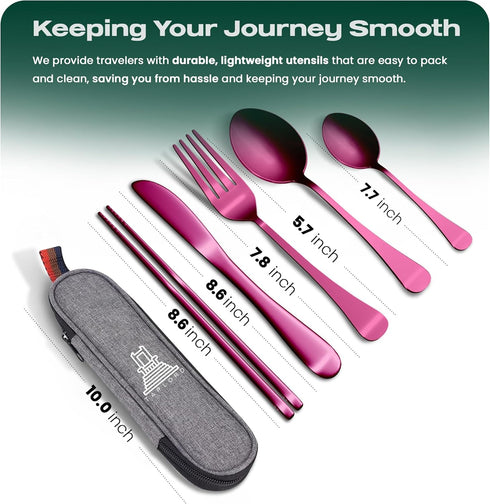 Portable Travel Silverware Set With Case, Includes 5 Pcs of Travel Utensils With Case, Stainless Steel Flatware Set For Camping, Easy to Travel, L...