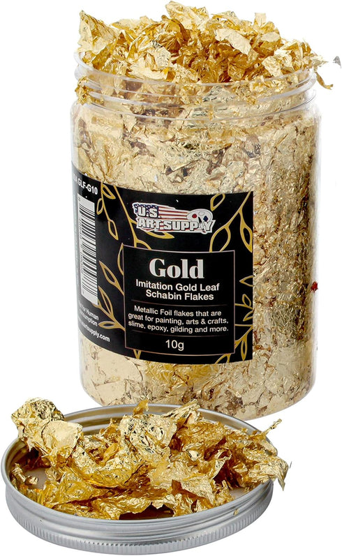 U.S. Art Supply Metallic Foil Schabin Gilding Gold Leaf Flakes - Imitation Gold in 10 Gram Bottle - Gild Picture Frames, Paintings, Furniture, Dec...