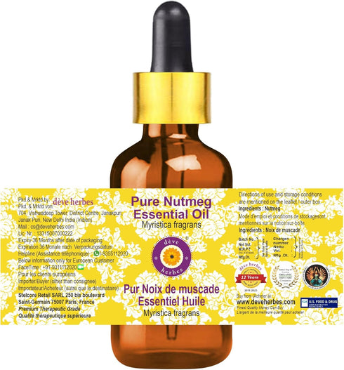 Deve Herbes Pure Nutmeg Essential Oil (Myristica fragrans) with Glass Dropper Steam Distilled 15ml (0.50 oz)...