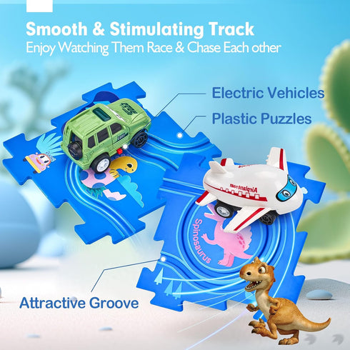 Puzzle Racer Kids Car Track Set - Toys for Ages 2-4 for Kids 3 Year Old Boy Toys Dinosaur Jigsaw Puzzle Track Car PlaySet for 3-5 with Car & Airpl...