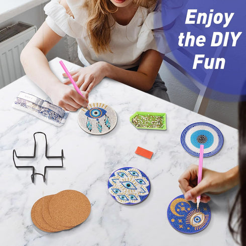 8Pcs Evil Eye Diamond Painting Coaster 5D Diamond Cup Mat with Holder Cork Pad Rhinestone Non Slip Drink Table Coaster for Beginners Adults DIY Pa...