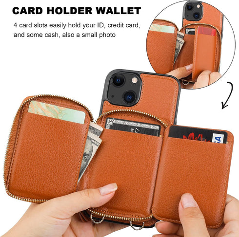 Bocasal RFID Blocking Wallet Case for iPhone 14 iPhone 13, Adjustable Crossbody Zipper Purse Case Card Holder with Kickstand Detachable Wrist Stra...