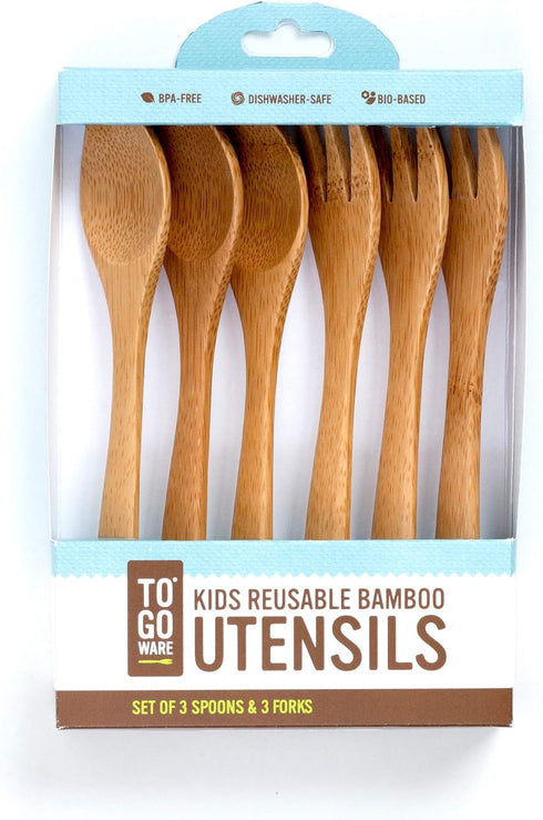Kid's Bamboo Reusable Utensils | Dishwasher-Safe | No BPA or Phthalate | Made from Durable, Sustainable Materials | Eco-Conscious | 3 Spoons, 3 Fo...