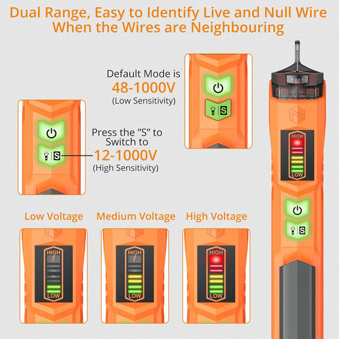 Neoteck Voltage Tester/Non Contact Voltage Tester 12-1000V/48V-1000 Adjustable Sensitivity AC Voltage Detector Tester Pen Live/Null Wire Tester wi...
