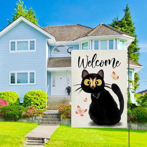 Welcome Black Cat Decorative Garden Flag, Cute Kitten Butterfly Home Yard Outdoor Decor Cat Lover Gifts, Spring Summer Seasonal Small Outside Deco...