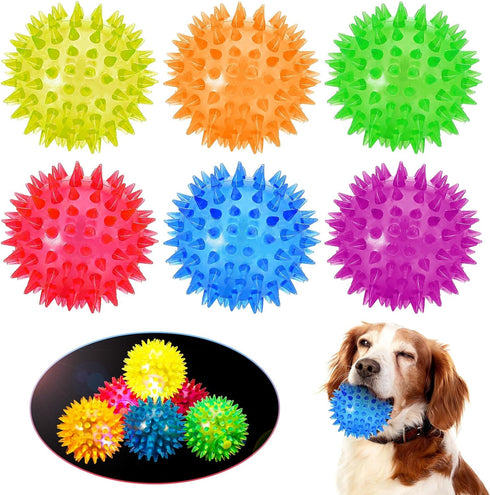 6 Pcs Light Up Spiky Ball Dog Toy, Dog Chew Toys for Teething, Glow in The Dark Dog Balls, Spikey LED Flashing Rubber Dog Ball Bounce-Activated Pu...