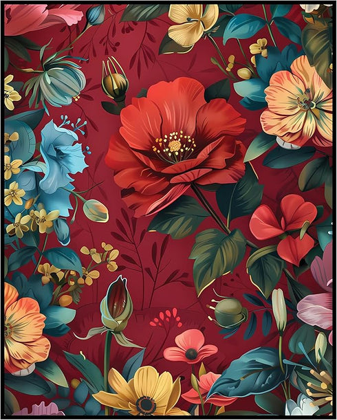 Posterizer 1 pcs-blue and blush flowers with red background-Floral & Botanical Art-Abstract & Modern Art-Decor for Home & Office- UNFRAMED Wall Ar...
