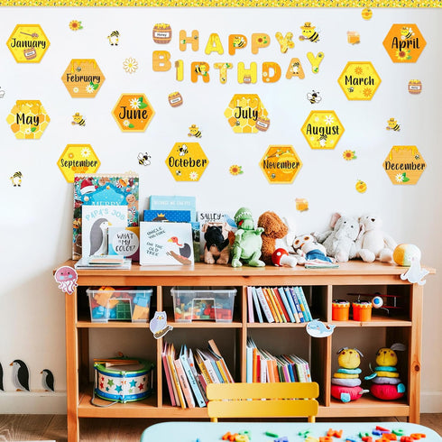 63 Pcs Bee Themed Birthday Bulletin Board Sets Paper Cutouts with Glue Point Bee Birthday Classroom Bulletin Board Display Bee Theme Birthday Char...