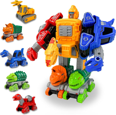 TOYMAKER Dinosaur Transformer Robot Cars Toys for Boys 5 in 1 Transformed Action Figure Construction Excavator Toys Rescue Bots Pull Back Cars Tak...