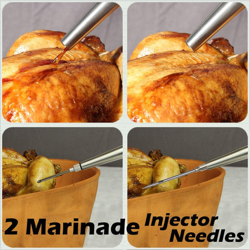 Stainless Steel Turkey Baster With Cleaning Brush - Food Grade Syringe Baster For Cooking & Basting With 2 Marinade Injector Needles - Ideal For B...