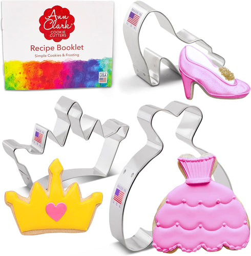 Princess Cookie Cutters 3-Pc Set Made in USA by Ann Clark, Crown, Glass Slipper, Dress...