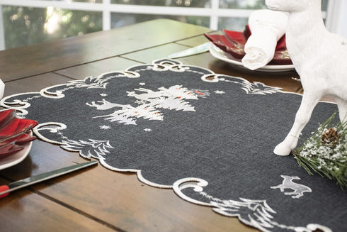 Embroidered Christmas Holiday Silver Reindeer & Christmas Scene on Dark Gray Rectangle Table Runner, Dresser Scarf (16Wx33L)...
