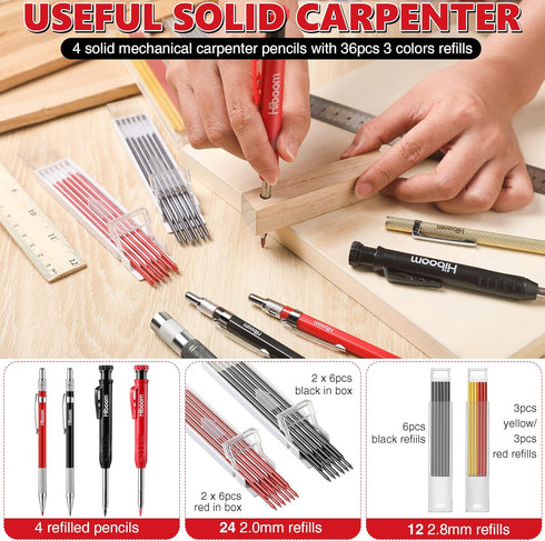 Hiboom 10 Pack Carpenter Pencil Set, 4 Colorful Solid Carpenter Pencils with Sharpener and Refills, Automatic Center Punch, Carbide Scribe Tool Ki...