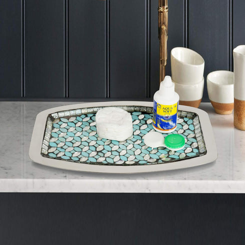 nu steel Sea Foam Amenity Tray in Aqua Blue/Silver Glass Mosaic/ Stainless Steel for Bathrooms & Vanity Spaces...
