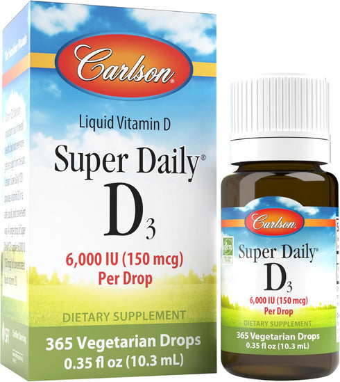 Carlson - Super Daily D3, 6000 IU (150 mcg) per Drop, Liquid Vitamin D3, 1-Year Supply, Non-GMO, Unflavored, 365 Vegetarian Drops (10.3 mL)...