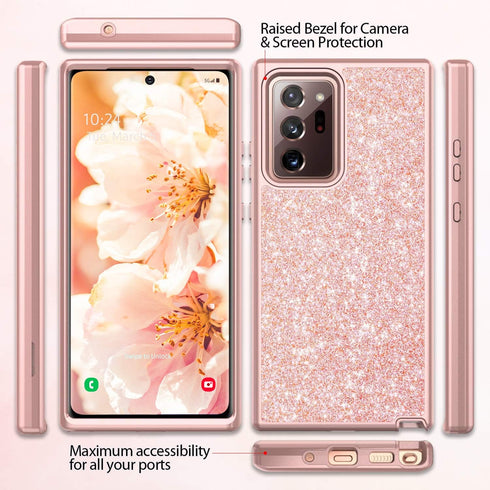 Coolwee Glitter Full Protective Case for Galaxy Note 20 Ultra 5G Heavy Duty Hybrid 3 in 1 Rugged Shockproof Women Girl Rose Gold for Samsung Galax...