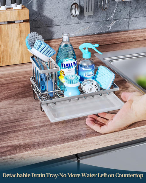 Consumest Sink Caddy-Kitchen Sponge Holder + Dish Brush Holder for Kitchen Sink, Sink Organizer with Drip Tray for Countertop Stainless Steel Rust...