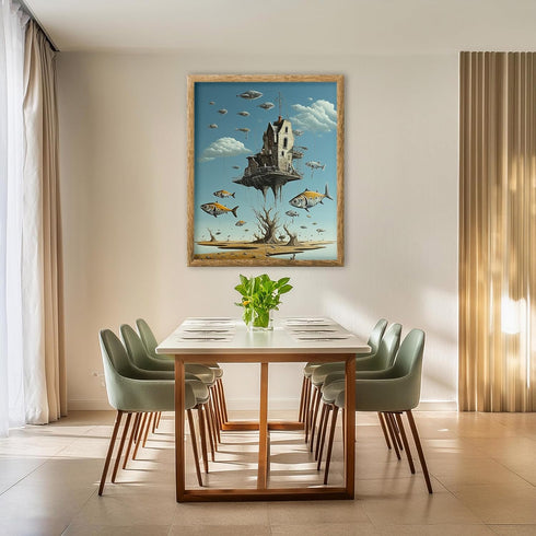 Posterizer 1 pcs-sci-fi flying fish and floating hunted house-Abstract & Modern Art-Fantasy & Fiction Art-Gift for Art Lovers-Decor for Home & Off...