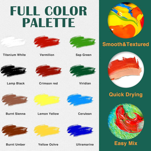 Acrylic Painting Set with 1 Packs / 10 PCS Nylon Hair Brushes 12 Color Tubes (12ml, 0.4 oz) 1 PCS Paint Plate and 4 PCS Canvas for Acrylic Paintin...