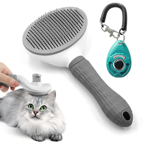 Cat Brushes for Indoor Cats - Dog Brush for Shedding - Cat Brush for Long Hair Cat - Dog & Cat Brush + Dog & Cat clicker for training - Self Clean...