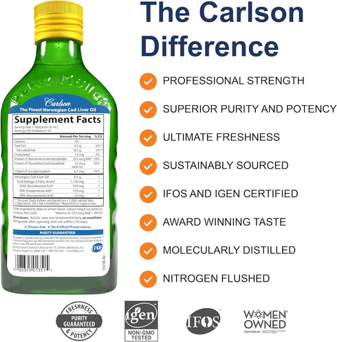 Carlson - Cod Liver Oil, 1100 mg Omega-3s, Liquid Fish Oil Supplement, Wild-Caught Norwegian Arctic, Sustainably Sourced Nordic Liquid, Lemon, 250...