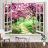 Japanese Cherry Blossom Window Tapestry Tree Forest Path Pink Flowers Window Tapestry Botanical Floral Natural Landscape Aesthetic Tapestry for Li...
