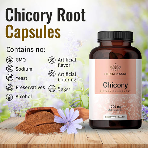 HERBAMAMA Organic Chicory Root Supplement - Support Digestion, Gut Health & Liver w/Inulin, a Prebiotic Fiber Supplement - Brain & Immunity Suppor...