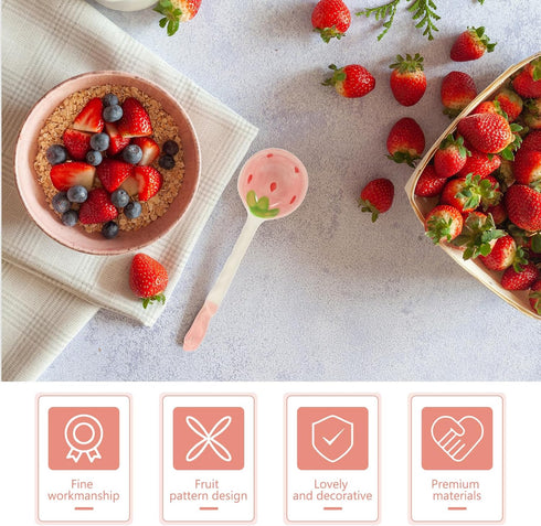 Housoutil 2PCS Strawberry Spoons, Cute Ceramic Soup Spoons, Porcelain Spoons with Long Handle for Breakfast Cereal Rice Yogurt Appetizers and Dess...